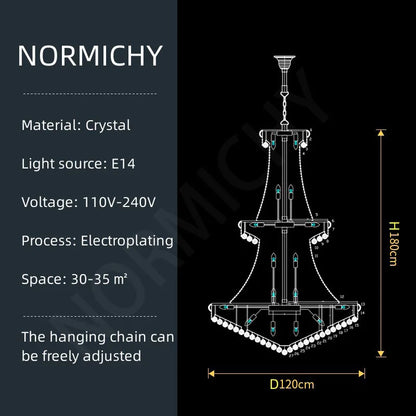 Tiered crystal chandelier at 47.2 in diameter and 70.9 in height