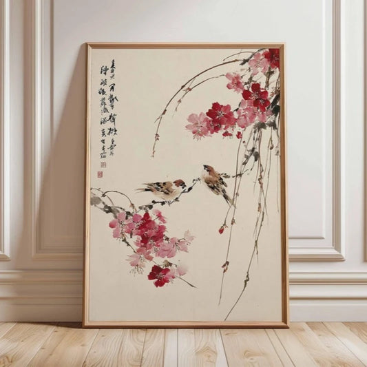 Japanese Bird Cherry Blossom Zen Canvas Wall Art
