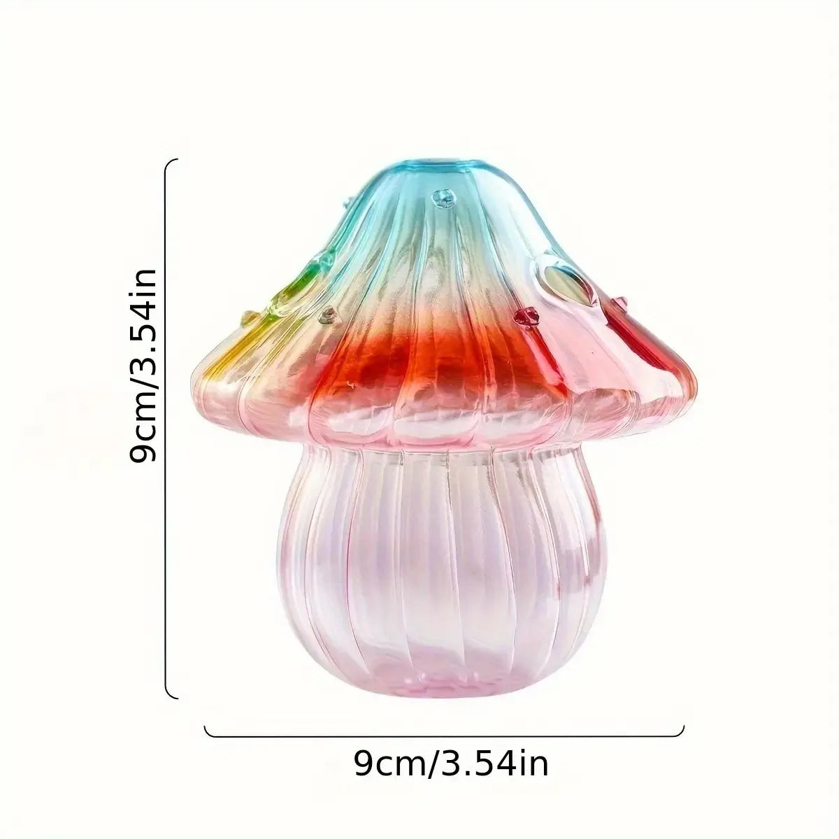 Colorful handcrafted glass mushroom vase on coffee shop table display