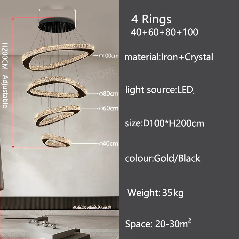 Polished steel chassis carrying crystal strung chandelier rings