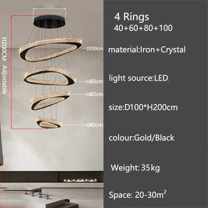 Polished steel chassis carrying crystal strung chandelier rings