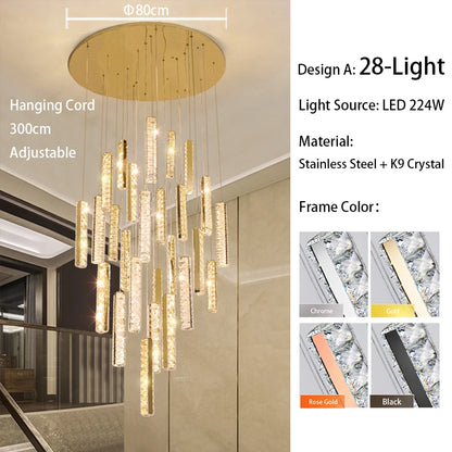 Gold spiral crystal chandelier with layered plated steel tiers