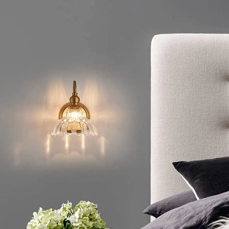 gold crystal bathroom wall sconce, close-up of shade and hardware detail