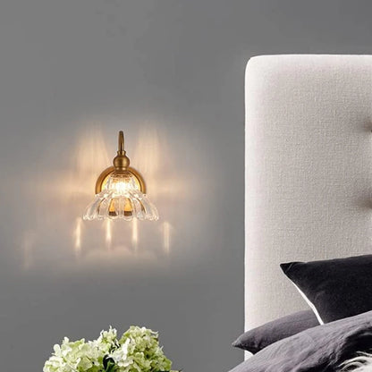 gold crystal bathroom wall sconce, close-up of shade and hardware detail