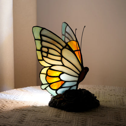 Blue butterfly glass lamp US plug variant switched on warm view