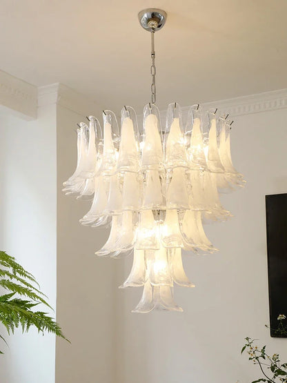 Floral glass petal chandelier with stained glass shades on polished steel