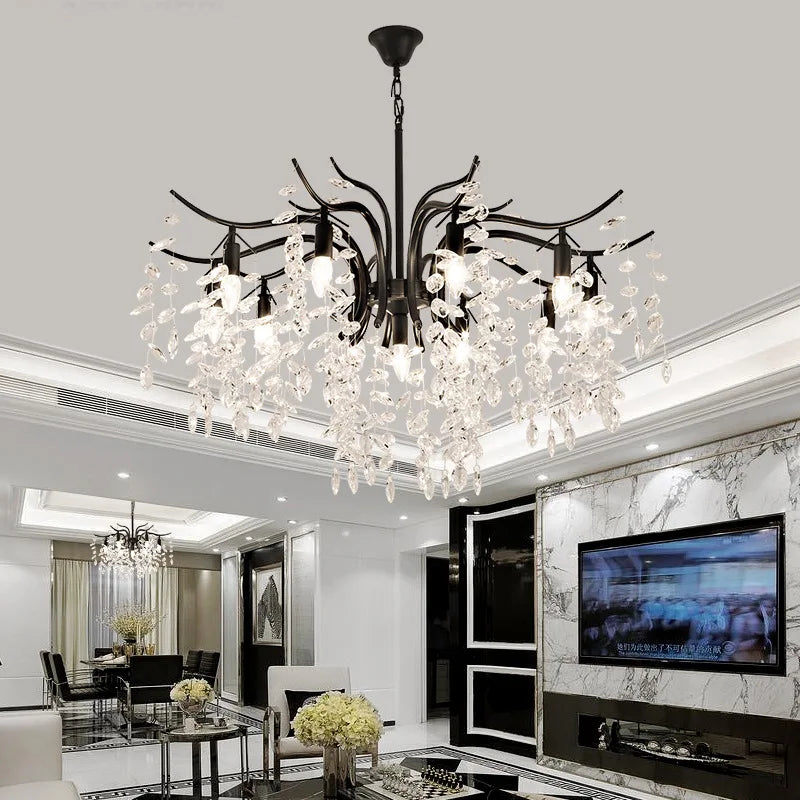 Gold crystal chandelier with thirteen branching arms and crystal drops