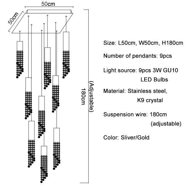 Luxury crystal hanging fixture with over twenty LED light sources