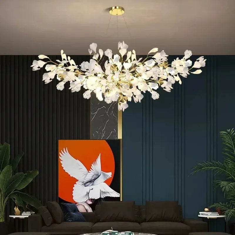Large 39.4 in (100 cm) round ginkgo leaf chandelier in gold aluminum