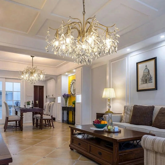 American crystal branch chandelier with drops on gold iron arms