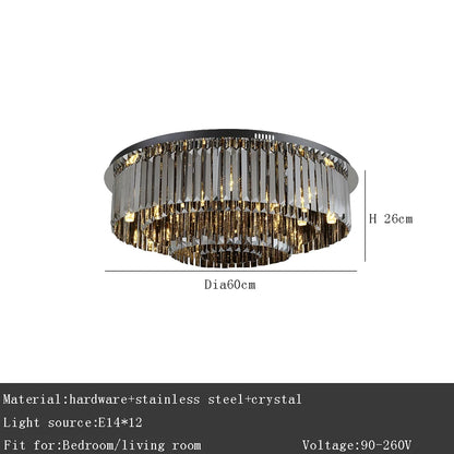 Iron framed crystal chandelier in black, sitting flush against the ceiling