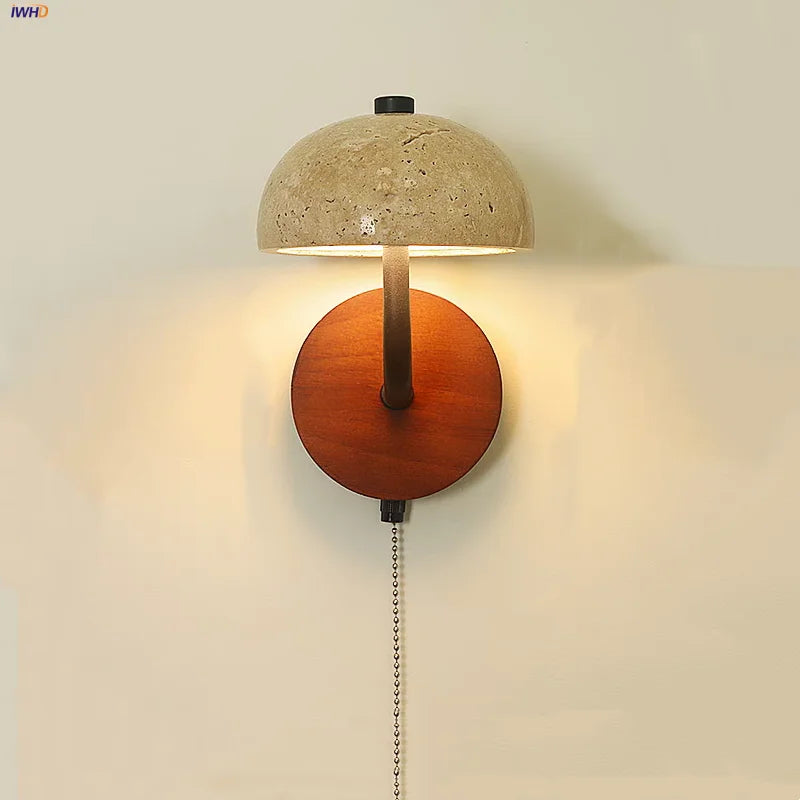 travertine stone bathroom wall sconce, front view on white background