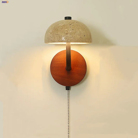 travertine stone bathroom wall sconce, front view on white background