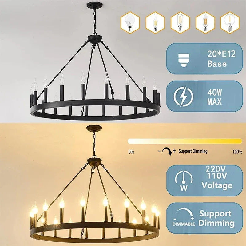 Twenty eight light iron candle chandelier at 59.1 in (150 cm)