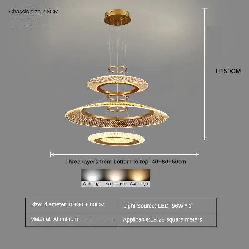 Acrylic diffuser and aluminum ring edge detail on the chandelier
