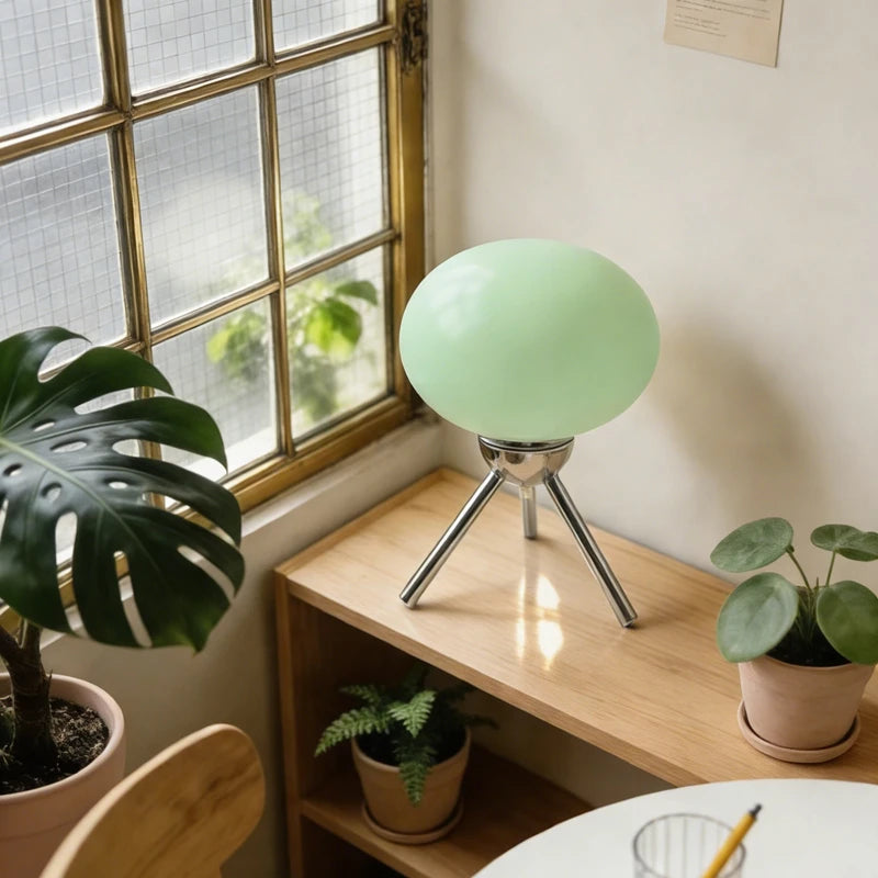 Glass mushroom lamp close-up showing mid-century retro glass form