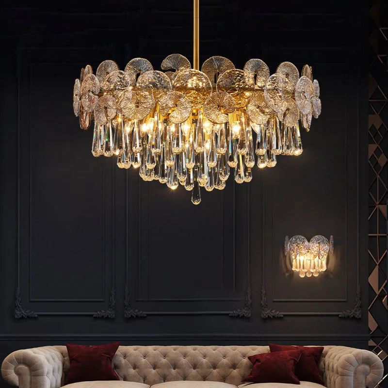 Lotus flower crystal chandelier with layered glass and crystal petals