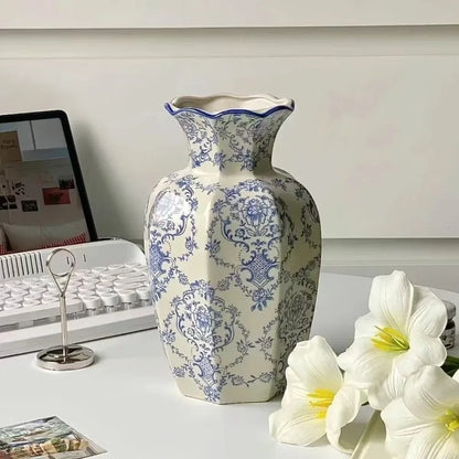 Blue and white porcelain vase as elegant entryway accent on console table