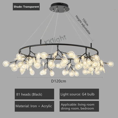 Iron and acrylic firefly chandelier rated for 90 to 260V operation
