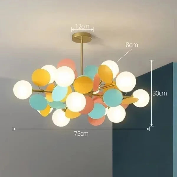 Colored flower branch chandelier with staggered globe heights