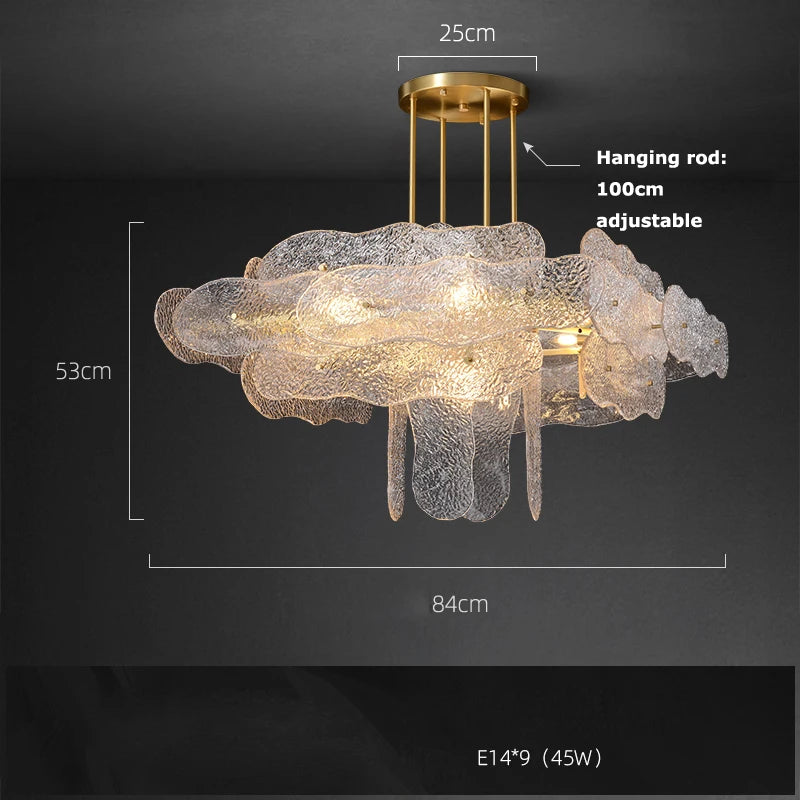 Three light rippled glass chandelier on a plated steel frame
