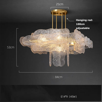 Three light rippled glass chandelier on a plated steel frame