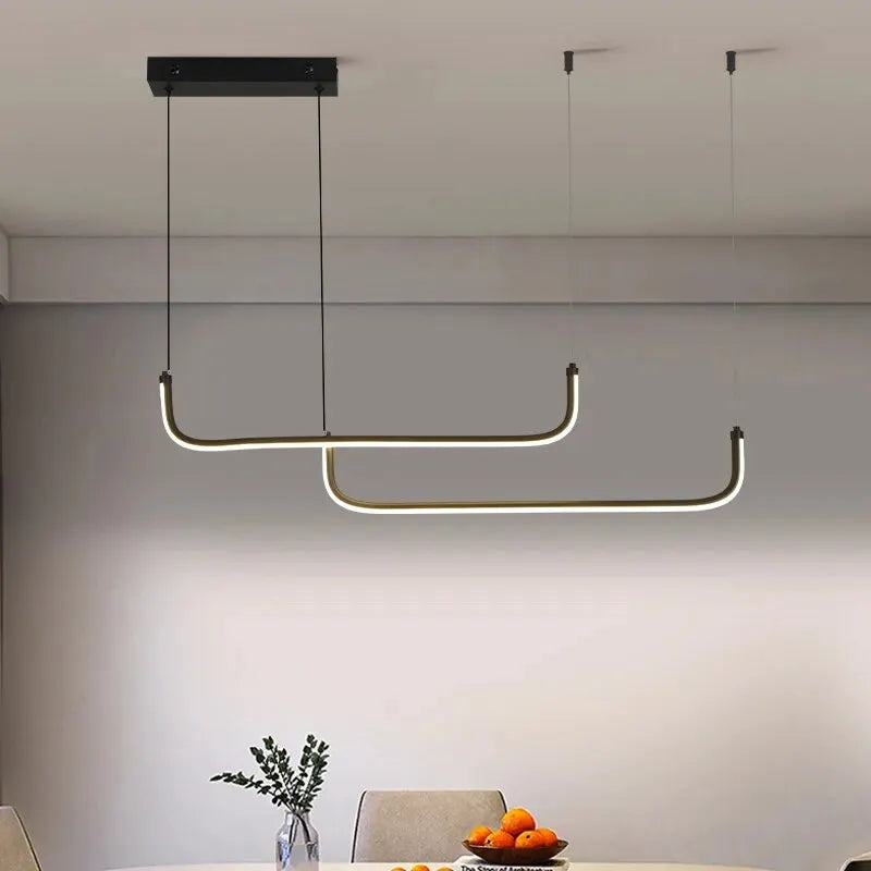 Matte black linear bar chandelier with more than twenty LED points
