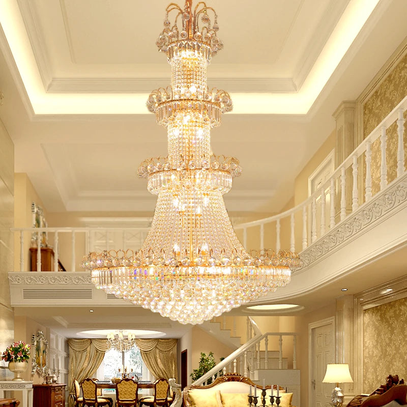 Gold framed crystal chandelier hung on a chain pendant from the ceiling