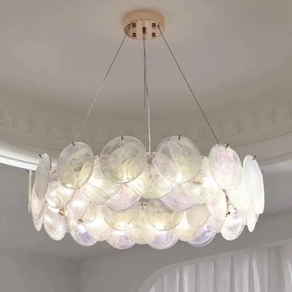 Blue glass chandelier with a flush ceiling mount and push button switch