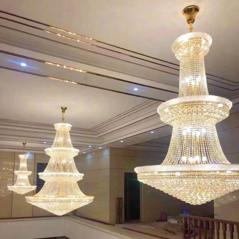 Gold tiered crystal chandelier at 39.4 in diameter and 59.1 in height