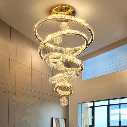 Crystal ring chandelier with eight rings and a 137.8 in adjustable drop