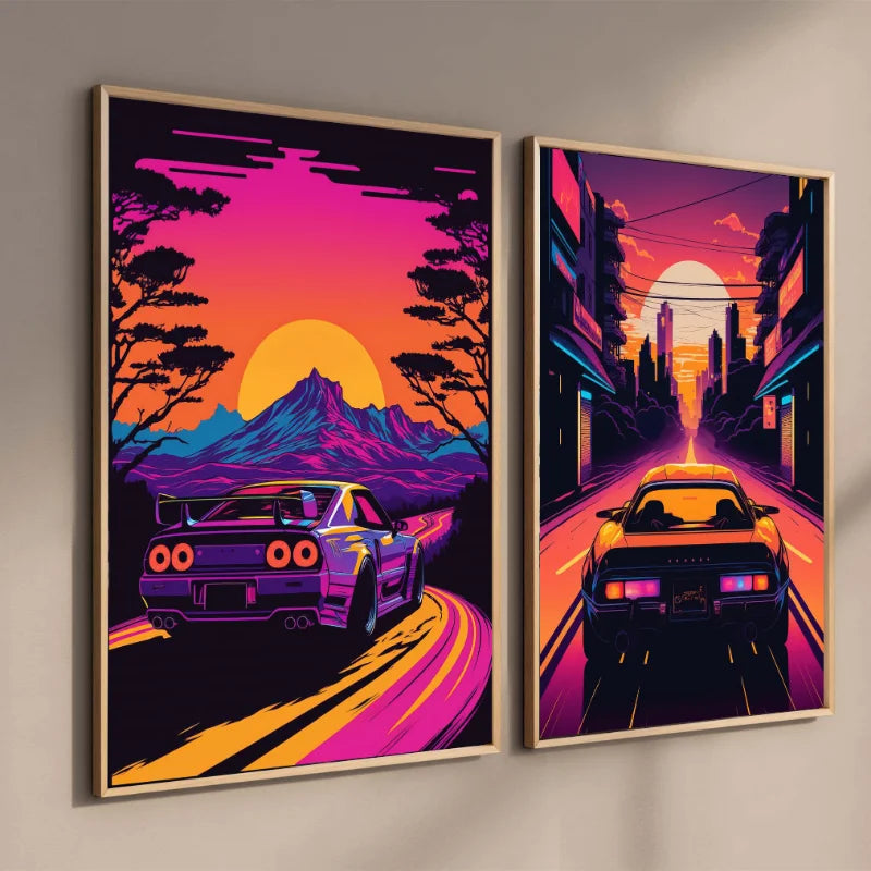 Retro GTR Japanese Landscape Car Canvas Wall Art