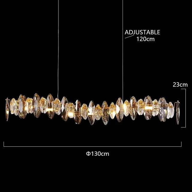 Oval crystal chandelier at 29.9 in length for a dining room table