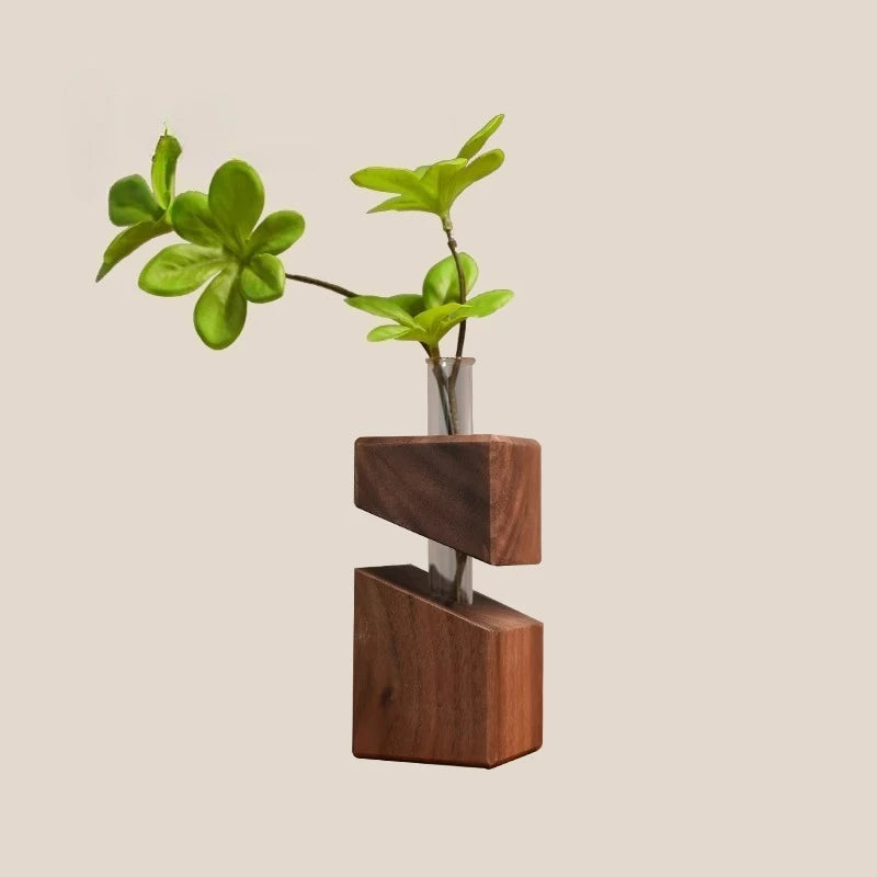 Solid wood geometric art glass wall hanging vase dried flowers