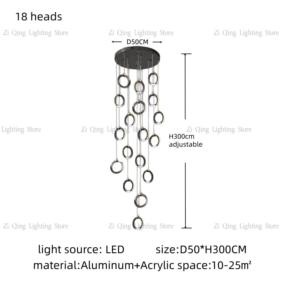 Stacked circular chandelier assembled from aluminum rings on cords