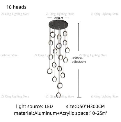 Stacked circular chandelier assembled from aluminum rings on cords