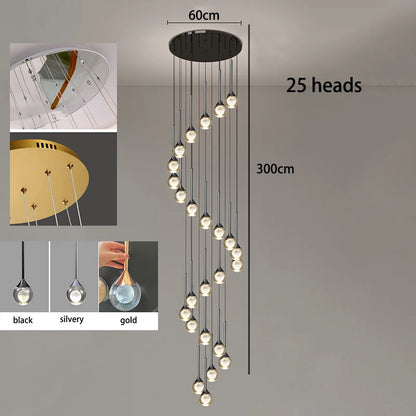 Cold white light across the crystal heads of a stair chandelier