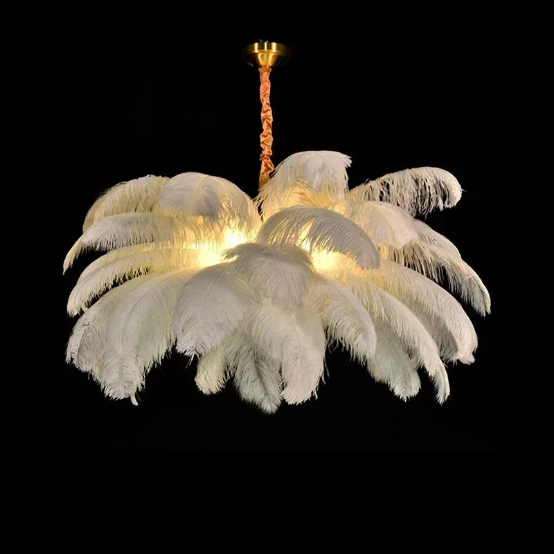 White feather chandelier at 23.6 in across with one E14 bulb included