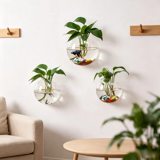 Spherical glass wall hanging vase style A mounted with air plant on bedroom wall