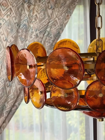 French glass chandelier with green handmade shades and iron arms