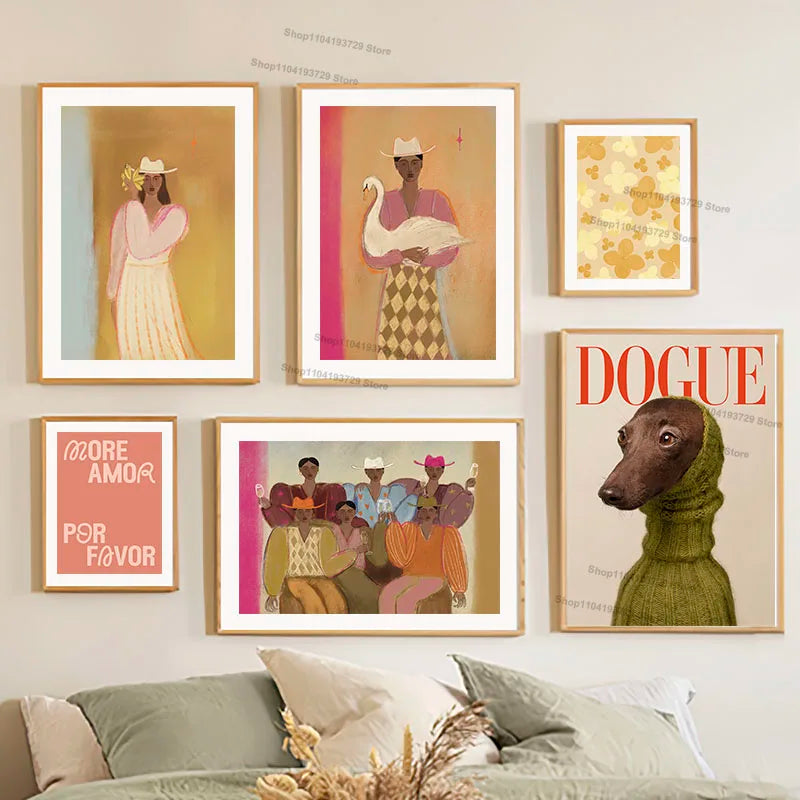 Fashion Girl Abstract Dog Flower Canvas Wall Art