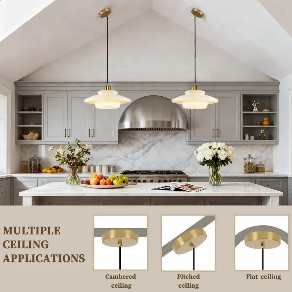 Milk glass globe chandelier diffusing warm light with almost no glare