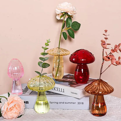 Green mini mushroom glass vase displayed in plant propagation station