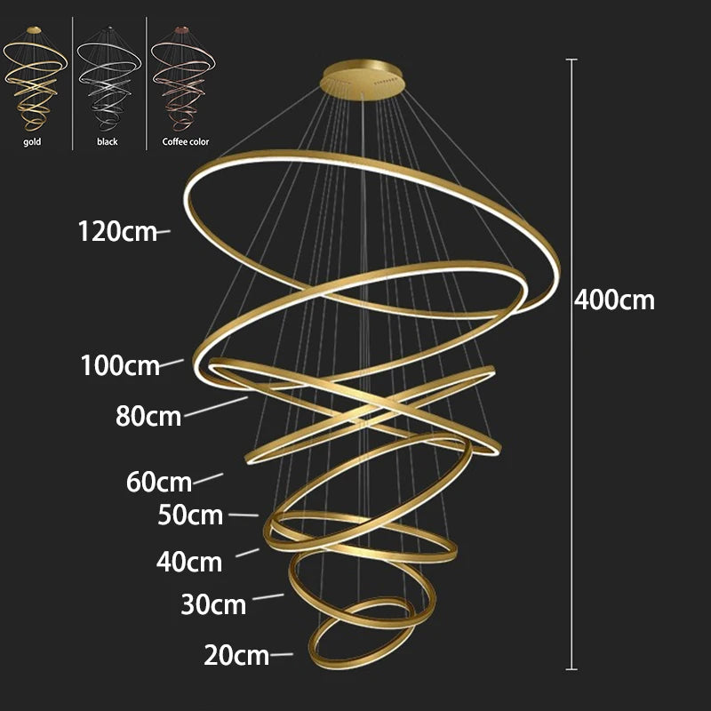 Dimmable acrylic ring chandelier suited to stairwells and double-height entries
