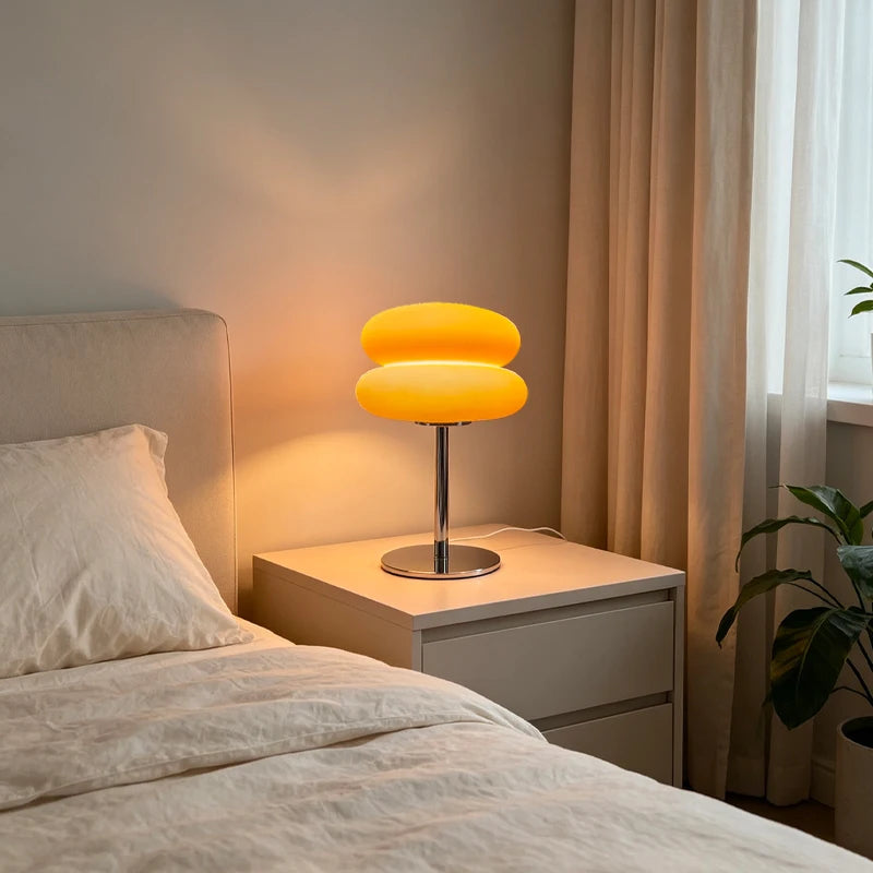 Three macaron mushroom lamp colour variants orange white displayed