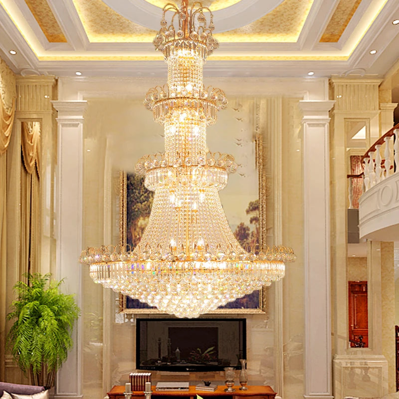 Four layer crystal chandelier, 47.2 in across, lit in warm light