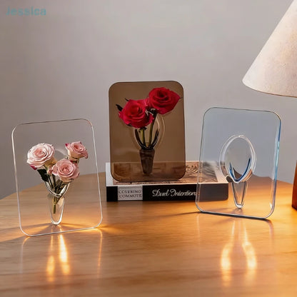 Acrylic photo frame vase on bookshelf combining flowers and memories