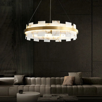 Marble chandelier at 19.7 in diameter on a polished steel frame