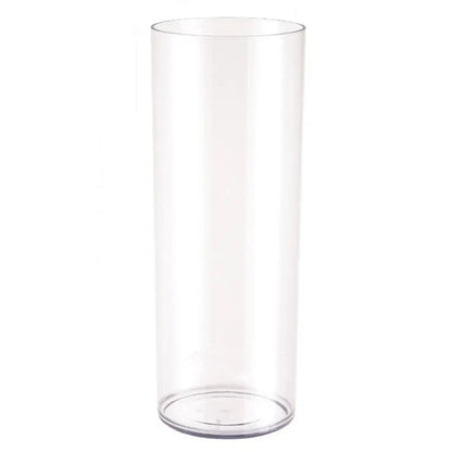 Acrylic cylinder vase with hydroponic plant cuttings displayed on a Scandi-style shelf