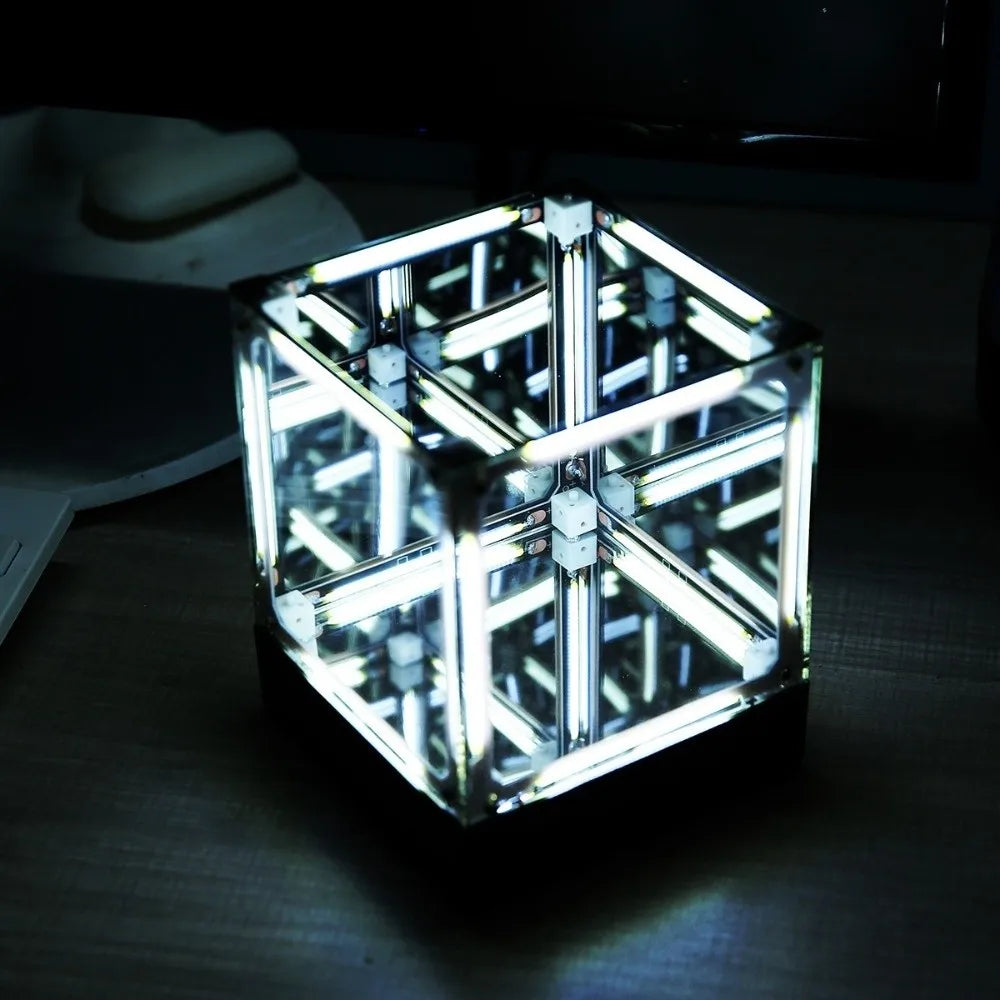 Yellow square maglev hypercube LED lamp floating mid-air front view